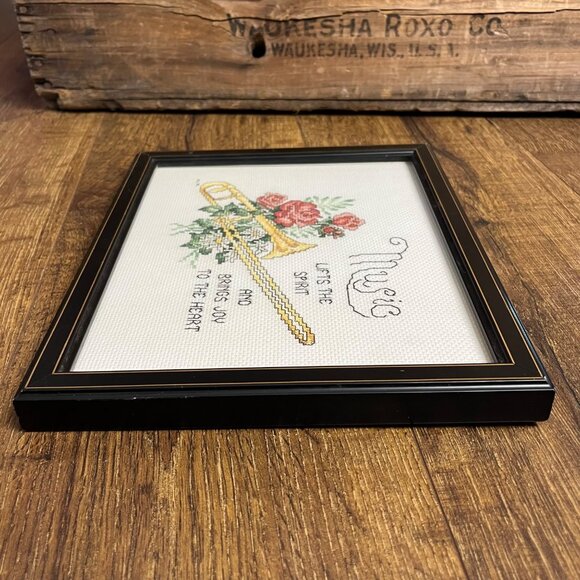 Framed Completed Counted Cross Stitch Trombone & Flowers 1991 - Picture 6 of 8
